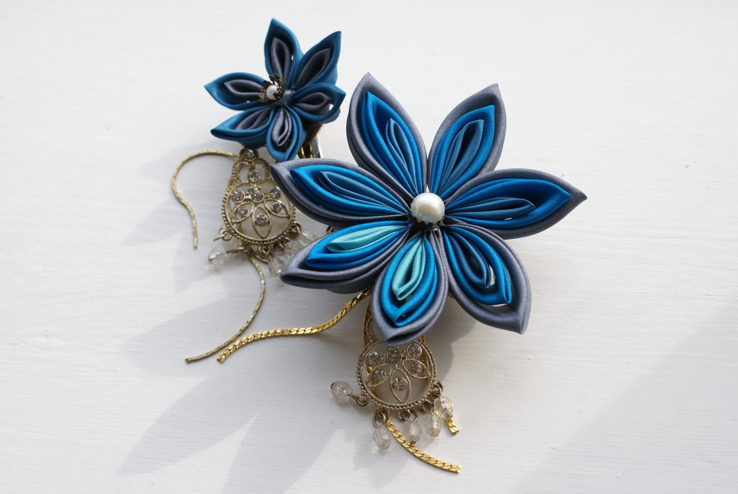 Kanzashi Flower Fascinator with Falls: Kanzashi Headpiece, Brooch, Hair Clip, Wedding Fascinator in Turquoise and Gray