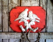 Rustic Coral Pink Reclaimed Wood and White Bird Hooks