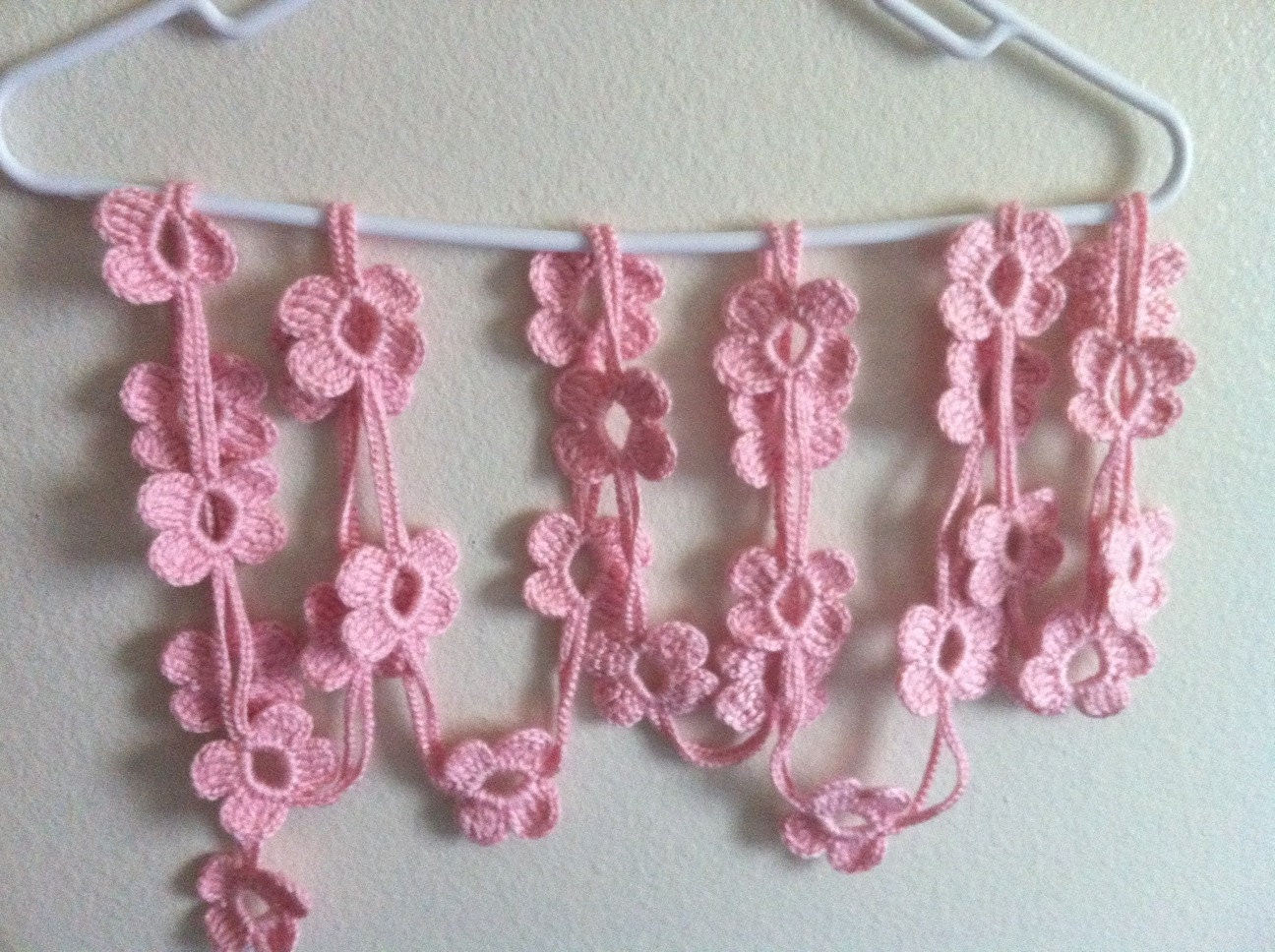 Crochet Flower Scarf Necklace in Soft Pink,  Skinny Lariat Necklace, USA Seller