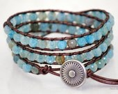 Aqua Leather Wrap Bracelet - Chan Luu Style - Fire Agate