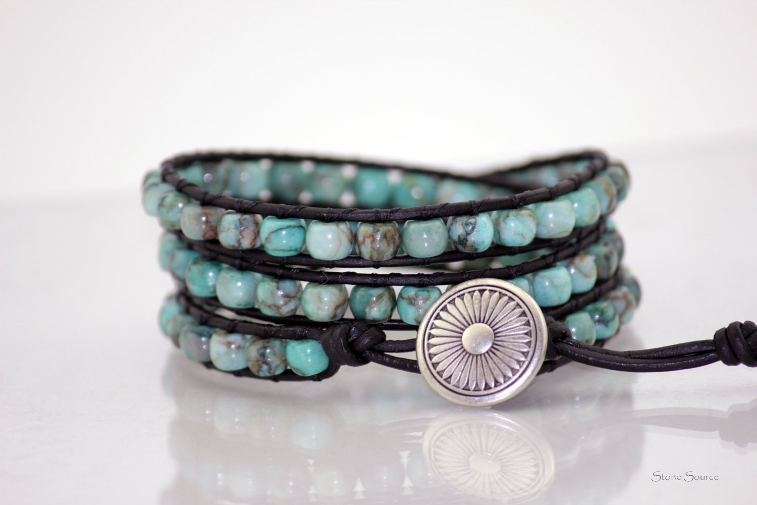 Wrap Bracelet - Genuine Turquoise - Black Leather