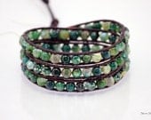Faceted Green Beaded Leather Wrap Bracelet - Semi Precious Leather Jewelry