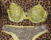 Rhinestone Bra and Panty Set with White and Yellow Polka Dots Covered in Rhinestones and Crystals in a size 34 C and Medium Panties