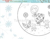 Embroidery pattern baby shower - Girl and 2 Bunnies