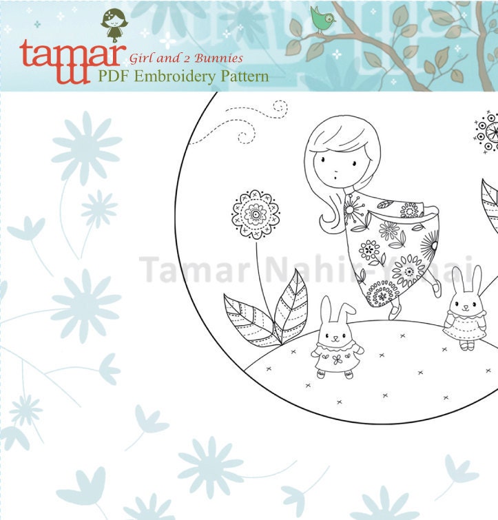 Embroidery pattern baby shower - Girl and 2 Bunnies