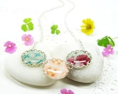 Green Orange Necklace, Three Pendant, Red and Pink Flowers, Mint Green and Cream Brown (1-7N) - Free shipping