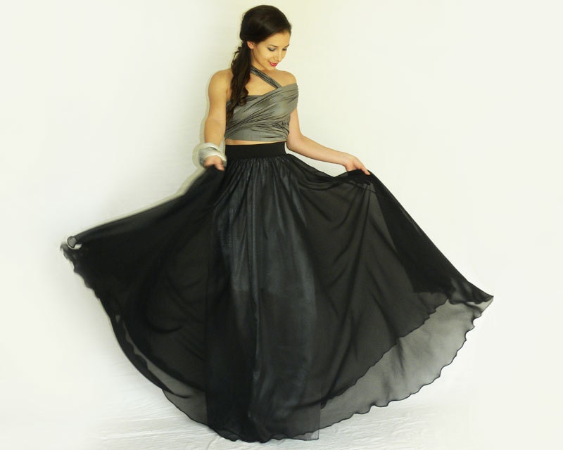 Maxi skirt black chiffon with silver satin lining
