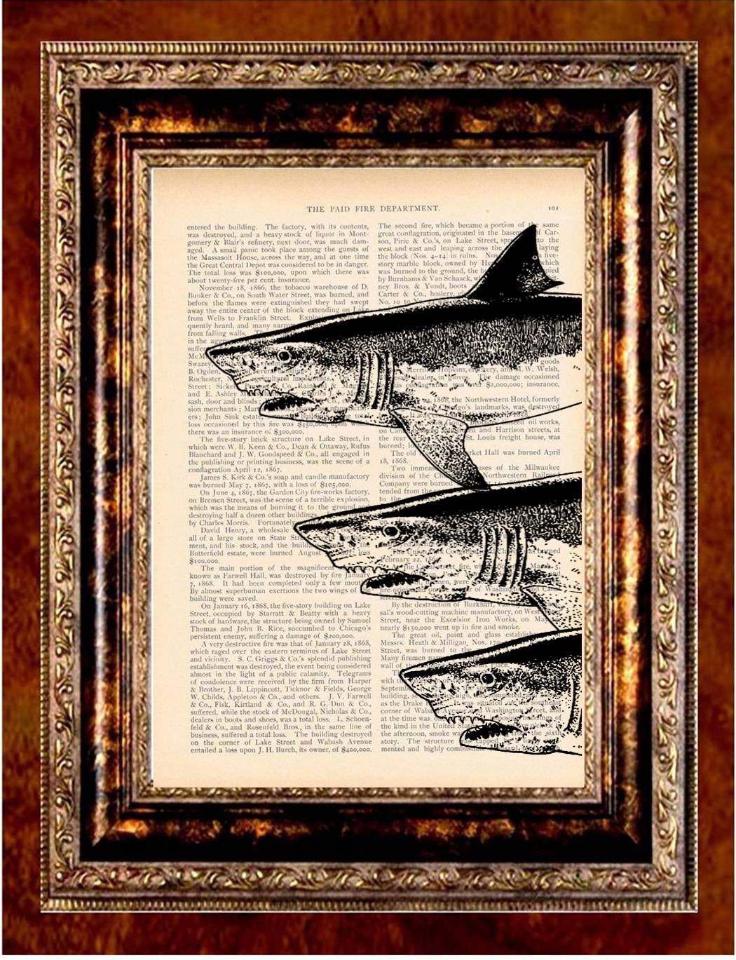 THREE SHARKS Vintage Art Print Antique 1800's Book Page or Dictionary Page Upcycled Recycled - newdayprints