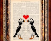 PUFFINS in LOVE Vintage Art Print Antique 1800's Book Page or Dictionary Page Upcycled Recycled