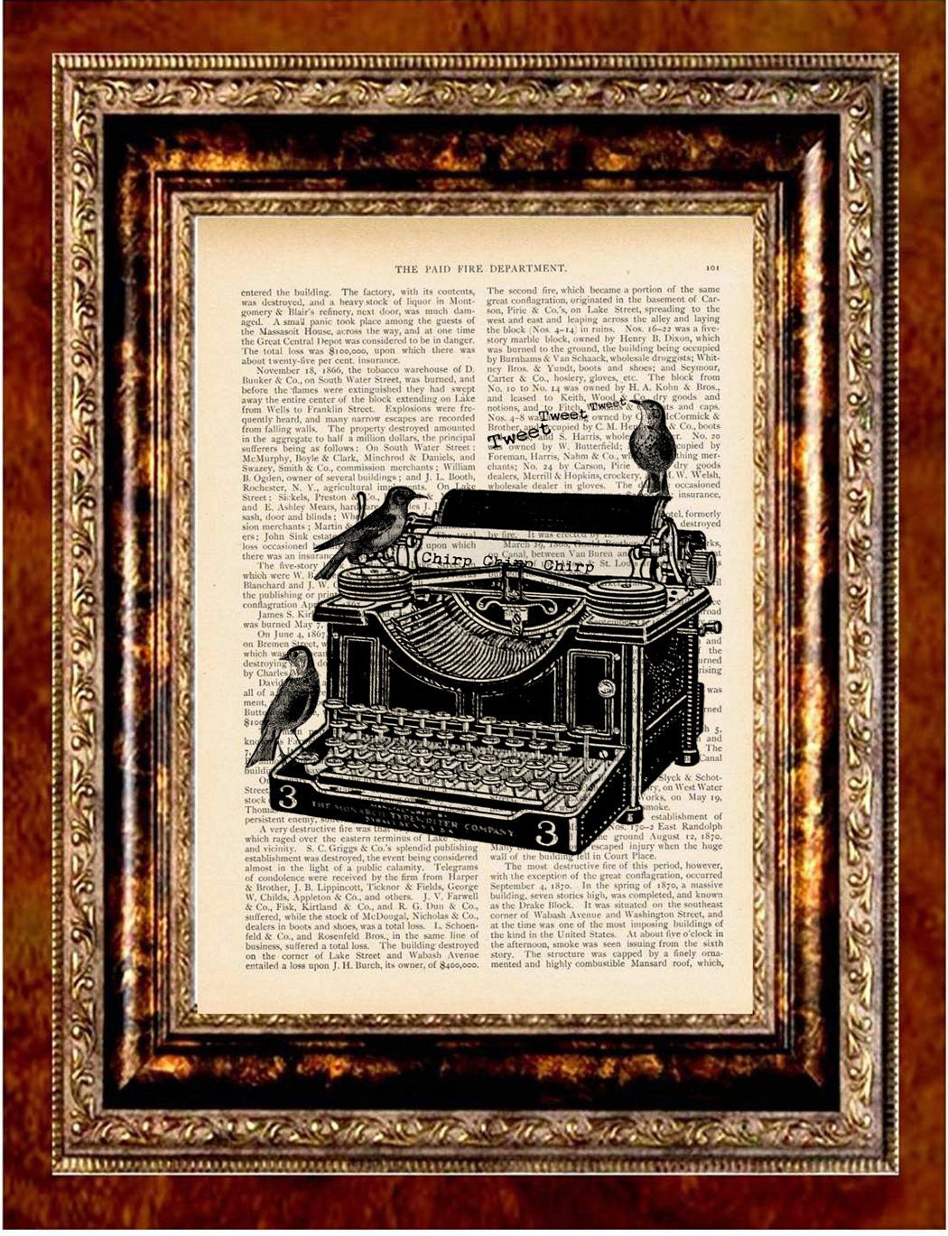 TYPEWRITER BIRDS TWEET Vintage Art Print Antique 1800's Book Page or Dictionary Page Upcycled Recycled