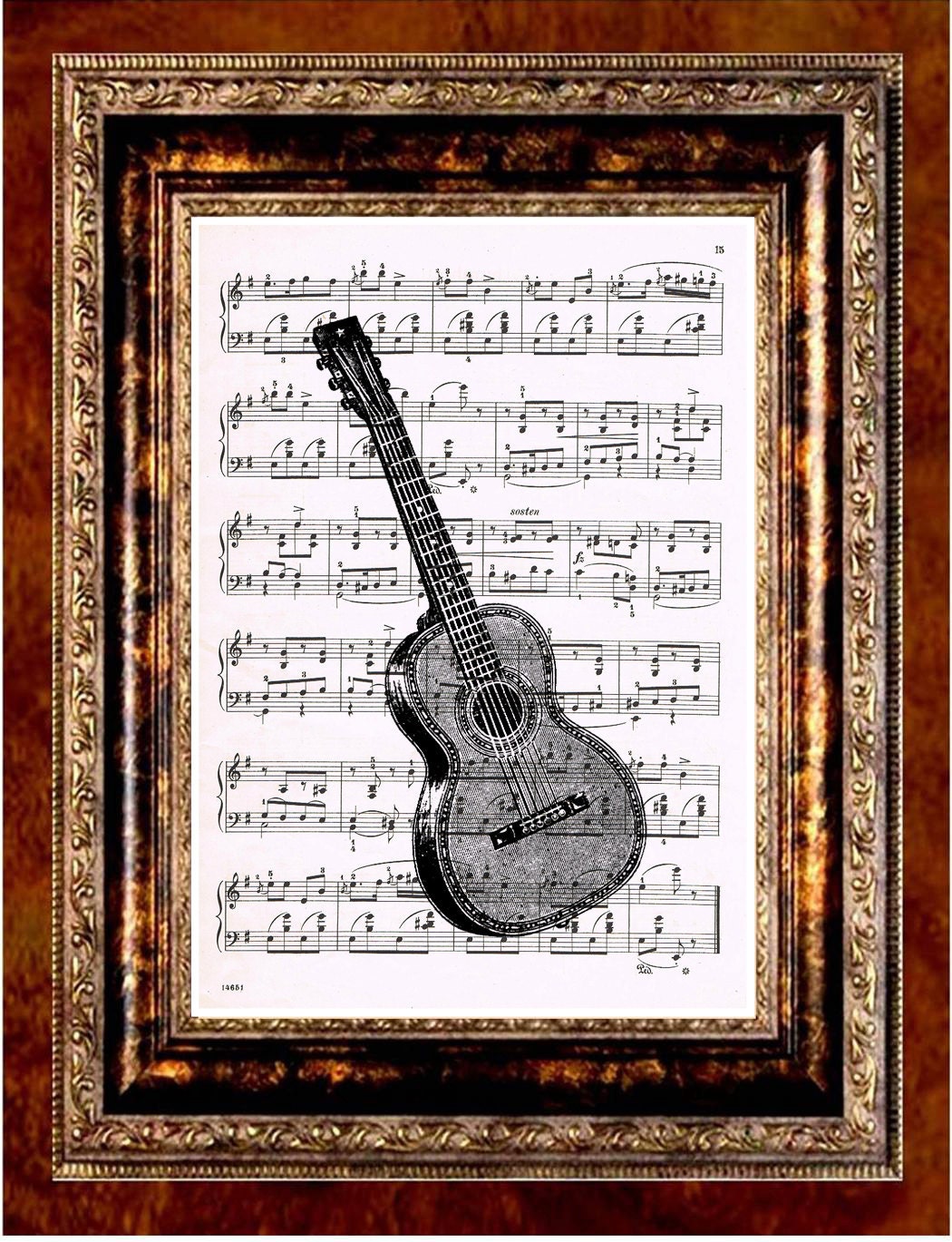 Guitar Art Print - Printed on Antique Music Page Upcycled Recycled