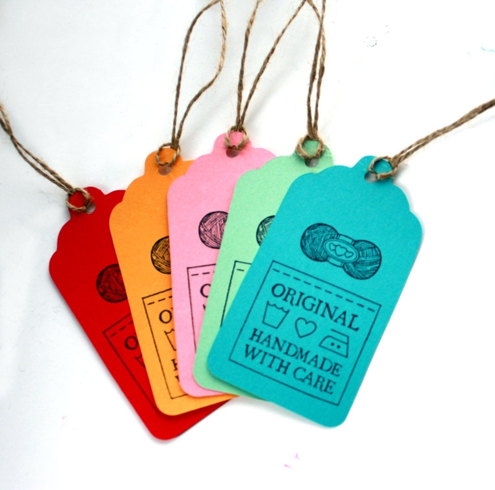Gift Tags, Original Handmade with Care, Rainbow Colors Set of 5, for Knit, Crochet, Yarn Gifts