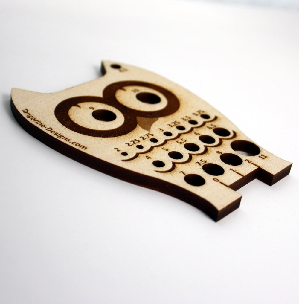 Owl Knitting Needle METRIC Gauge, Laser Cut Wood, Sizes 2mm to 11mm, Ruler