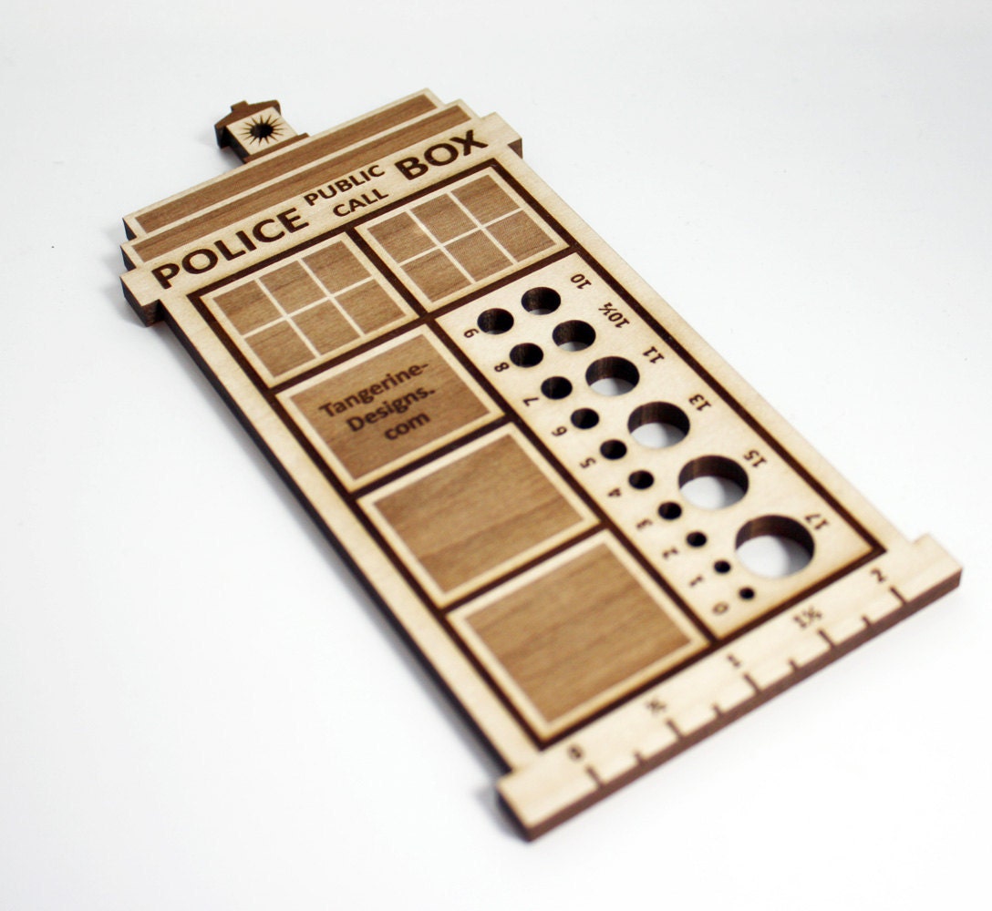 Police Box Knitting Needle Gauge, Laser Cut Wood, Sizes 0 to 17, Ruler