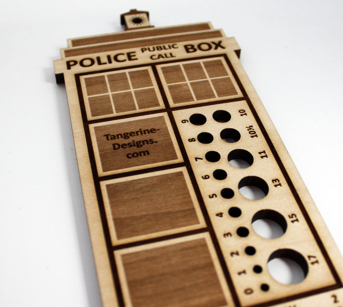 Police Box Knitting Needle Gauge, Laser Cut Wood, Sizes 0 to 17, Ruler