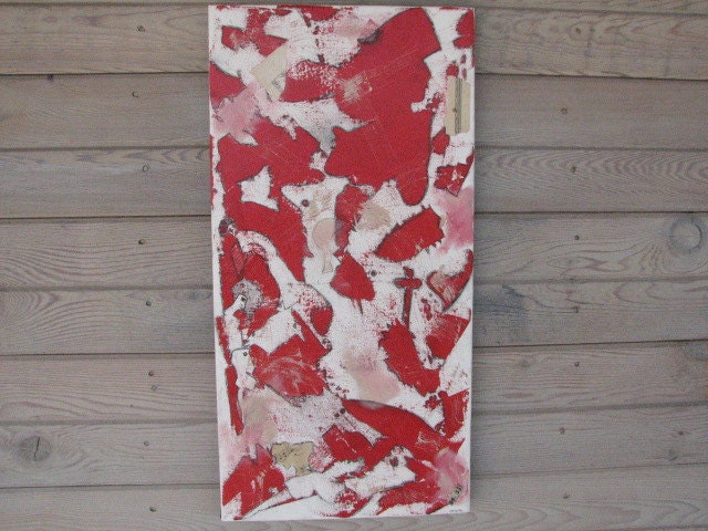 Original Mixed Media Abstract on Canvas using Red White Black Ecru 12 x 24 Angels and Demons
