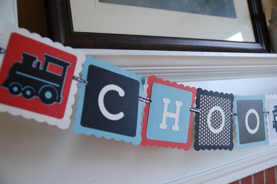 Choo Choo Banner, All Aboard, Train Theme, Train Birthday, Train Baby Shower, Red, Black White and Blue Il_570xn