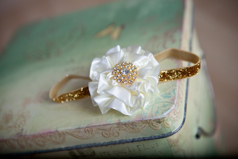 Baby Headband..Baby Girl Headband...Newborn Headband...ivory satin puff on gold glitter headband