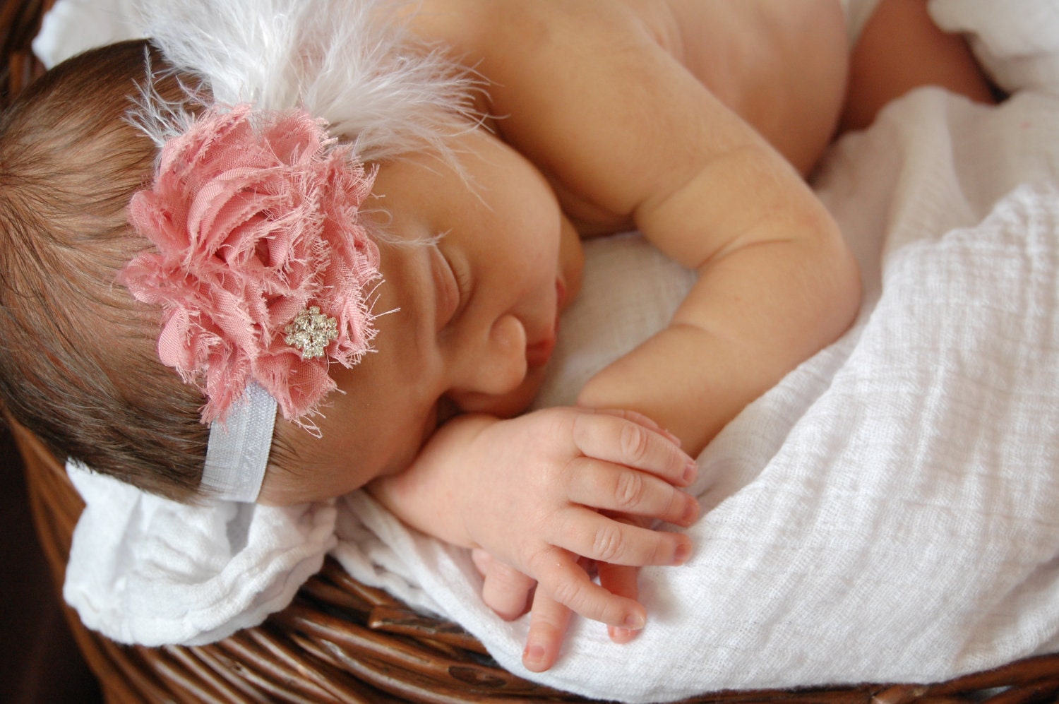 Baby Headband..Baby Girl Headband...Newborn Headband... Shabby chic frayed chiffon flower with feathers on white headband