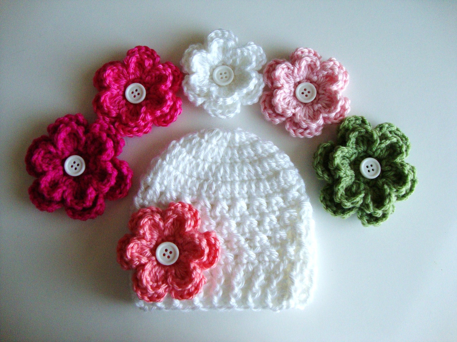 Crochet Girl/Baby Hat with 3 Different Flower Options - Made to Order - Choose from 23 Flower Colors - Also in Toddler, Girl Sizes