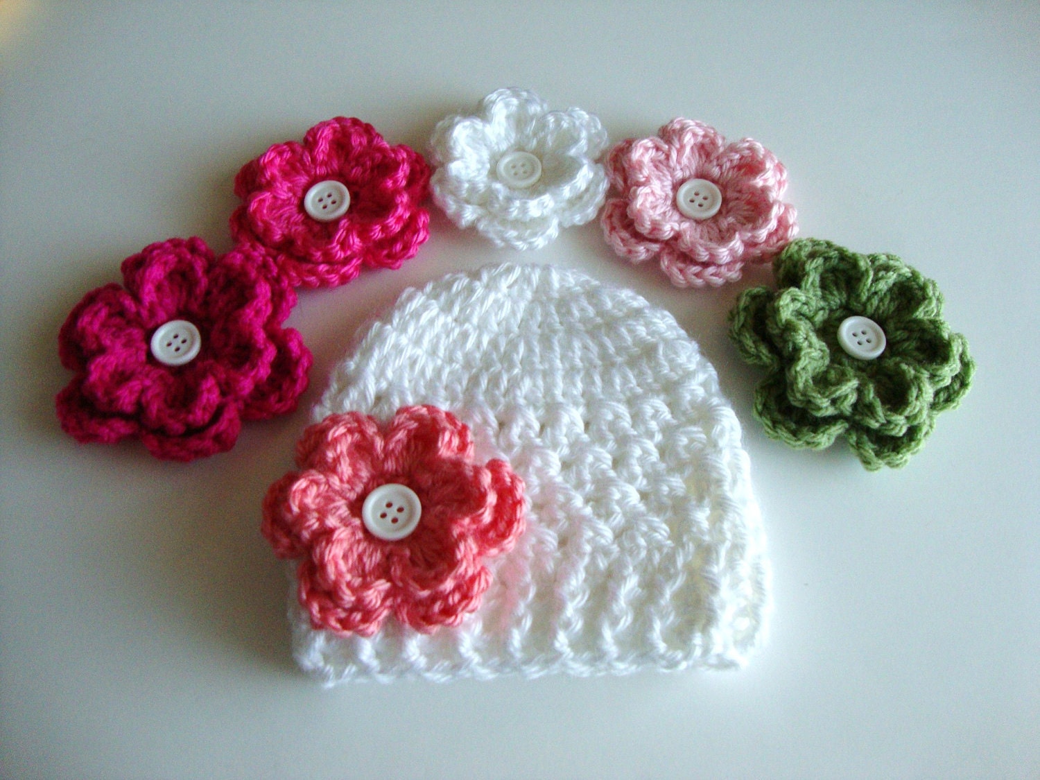 Crochet Girl/Baby Hat with 3 Different Flower Options - Made to Order - Choose from 23 Flower Colors - Also in Toddler, Girl Sizes