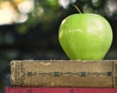 Green apple, red, tan books, teacher, bokeh, home, office decor, original fine art photograph, 8x10 print - MissMPhotography