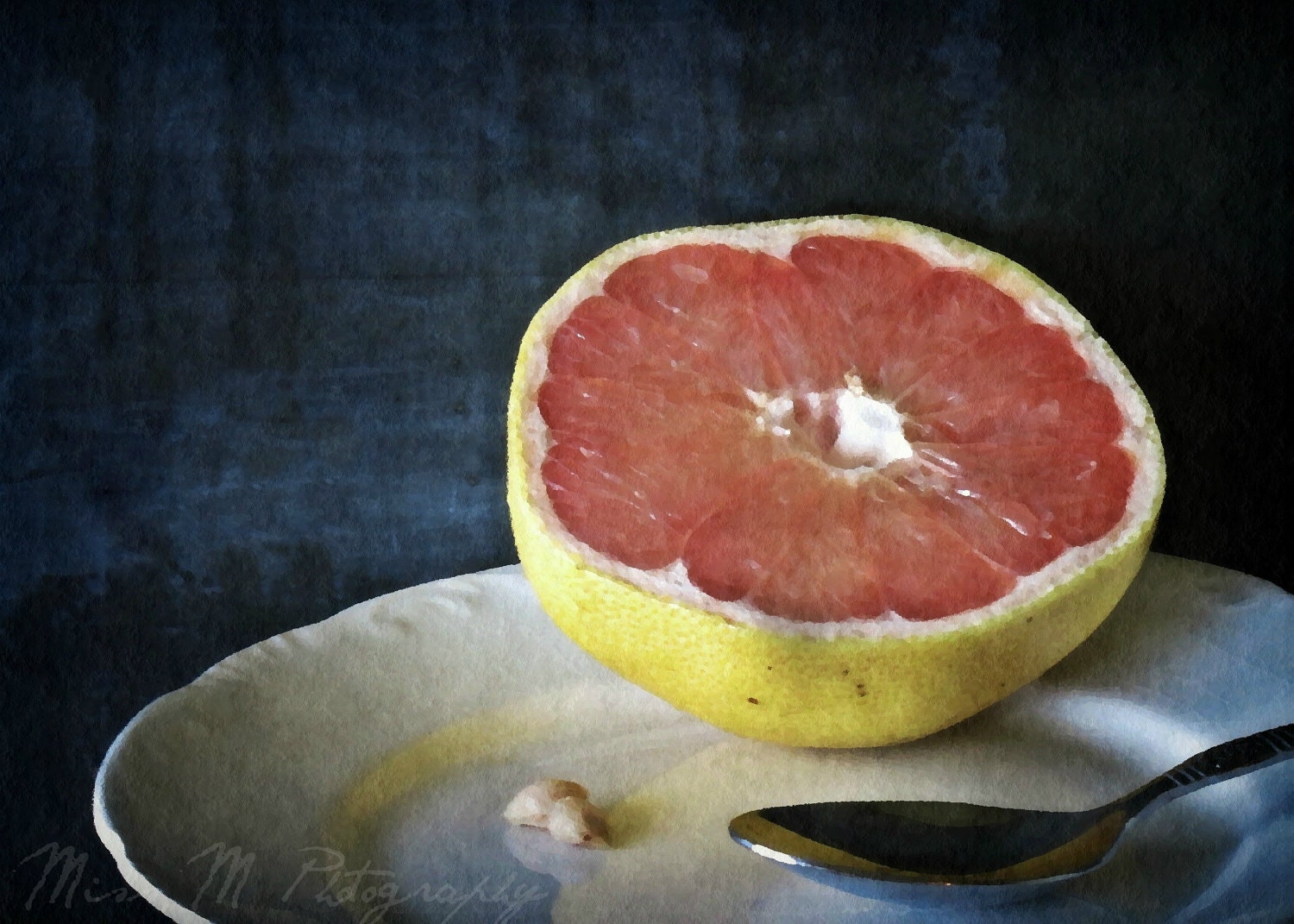 Pink, grapefruit, breakfast, slate, cream, kitchen, home decor, original fine art photograph, 5x7 print, metallic finish