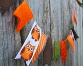 Fall Garland Owl Ribbon and Felt - 3 ft, Owls, Glitter, Green and Brown for Autumn