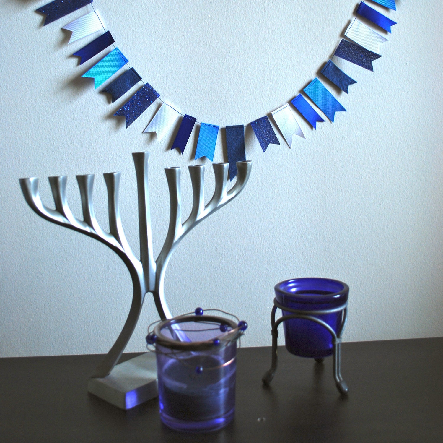 Hanukkah Garland - Felt and Ribbon in Winter Blues and White, Glitter - 2 ft