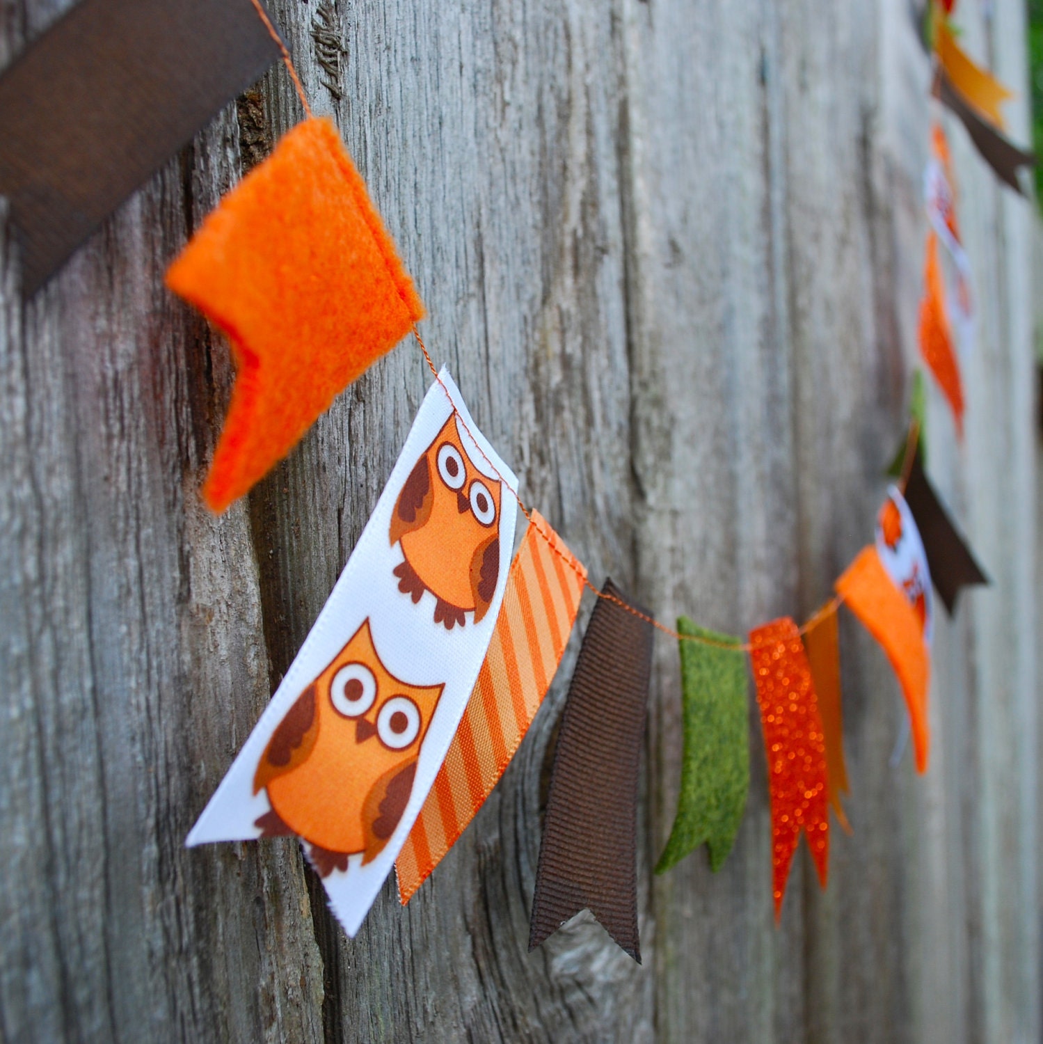 Fall Garland Owl Ribbon and Felt - 3 ft, Owls, Glitter, Green and Brown for Autumn
