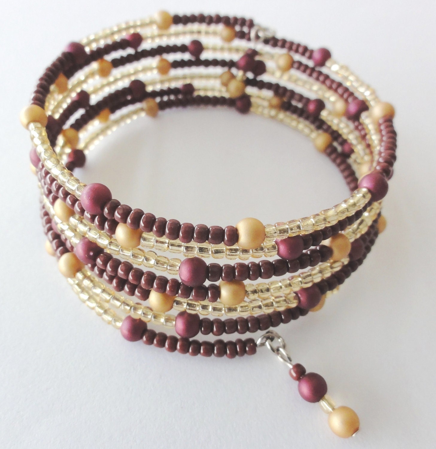 Two tones beaded memory wire bangle / bracelet with metallic colour beads-one of a kind jewelry