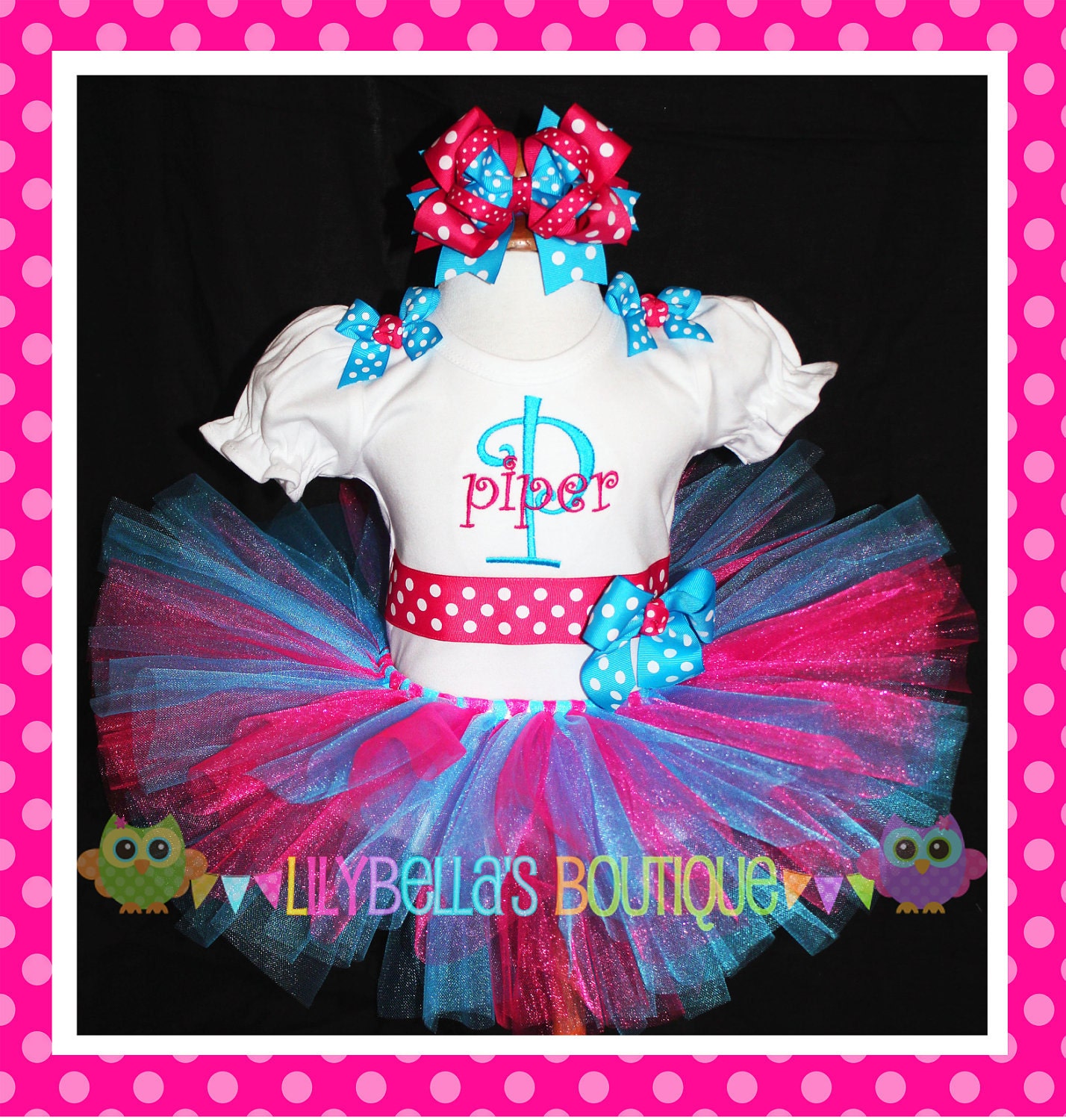 Custom baby or toddler girl monogrammed puff sleeved shirt, tutu, and hair bow - Hot Pink and Aqua Monogrammed Birthday Tutu Outfit
