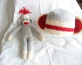 Hand crocheted sock monkey doll and matching toddler hat SAMPLE SALE..... was 28.00