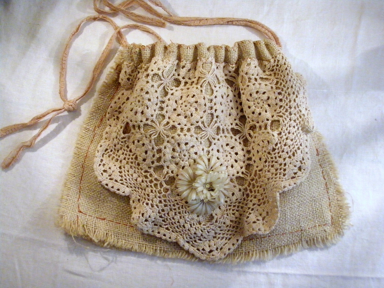 Burlap Drawstring Pouch Purse, Vintage Crochet Jewlery, Prairie Style Cottage, All Handsewn TREASURY ITEM