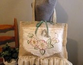 Burlap Shopping Tote Bag Ruffles Vintage Linens, Handmade, Fully Lined, Prairie Style, Vintage Lace  TREASURY ITEM