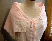 Romantic Pink Wrap Shawl, White Cutwork, Vintage Linens, Romantic Bohemain Chic, Eyelet Lace Ribbon