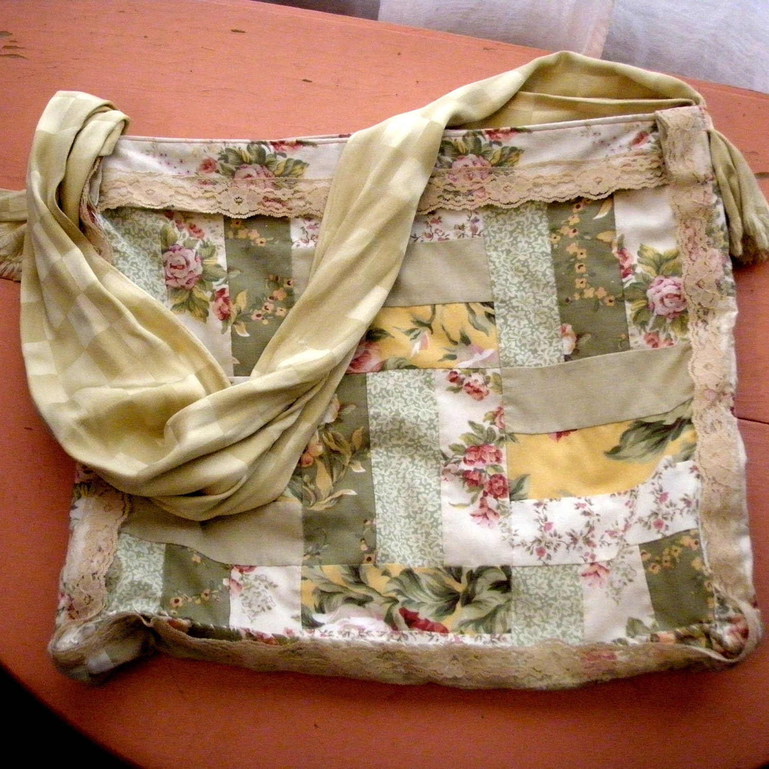 Large Hobo Messenger Bag Purse Shabby Chic Patchwork Colors Vintage Lace Handsewn Oversized Flea Market Bag