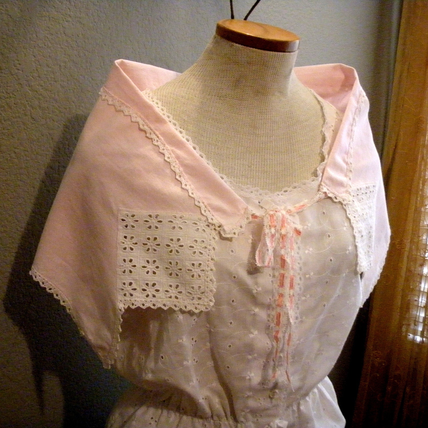 Romantic Pink Wrap Shawl, White Cutwork, Vintage Linens, Romantic Bohemain Chic, Eyelet Lace Ribbon