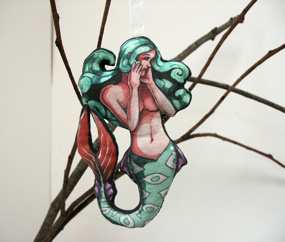 Mermaid Gift Idea Handmade Ornament Fabric Art Doll Plush or Softie Christmas Aqua
