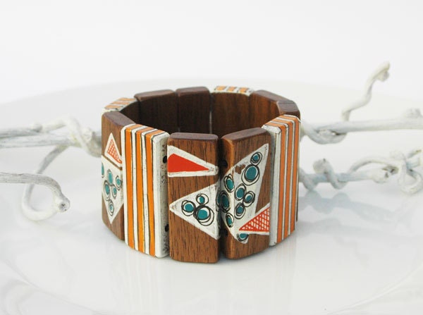 Painted Walnut Wood Bracelet Geometric Jewelry Bracelet