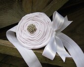 Beautiful White Headband with Fabric Rosette, Large Rhinestone Centre and Bow, Perfect Wedding, Christening or Photo Prop 0028