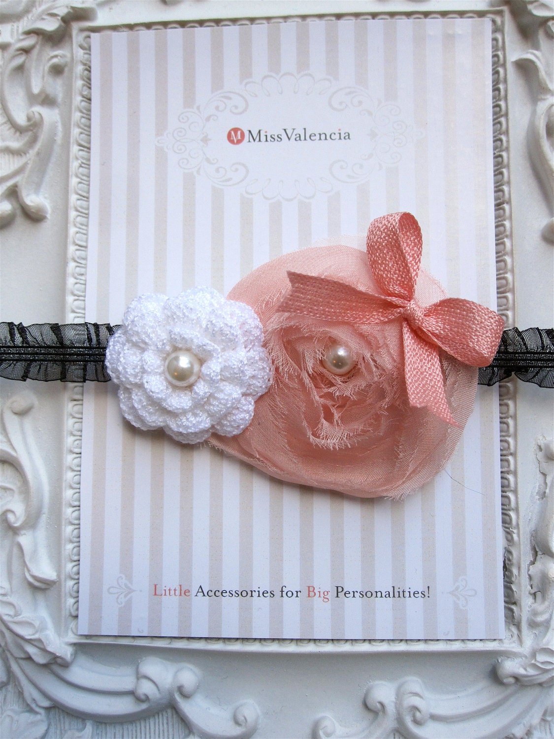 Beautiful Black Ruffle Headband w White Crochet Flower and Pink Fabric Rosette, Pearl Centres and Pink Bow Accent. Perfect Photo Prop 0152