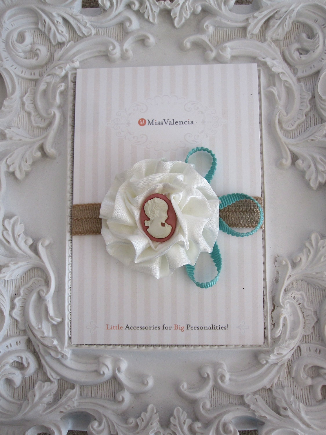 Darling Beige Headband adorned with Ivory Satin Cabbage Flower, Cameo centre & Blue Ribbon accent. Headband or Clip. Great Photo Prop. 0257