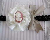 Darling Black Lace Headband adorned with Ivory Satin Cabbage Flower, Cameo centre & Tan Bow. Headband or Clip. Great Photo Prop. 0273