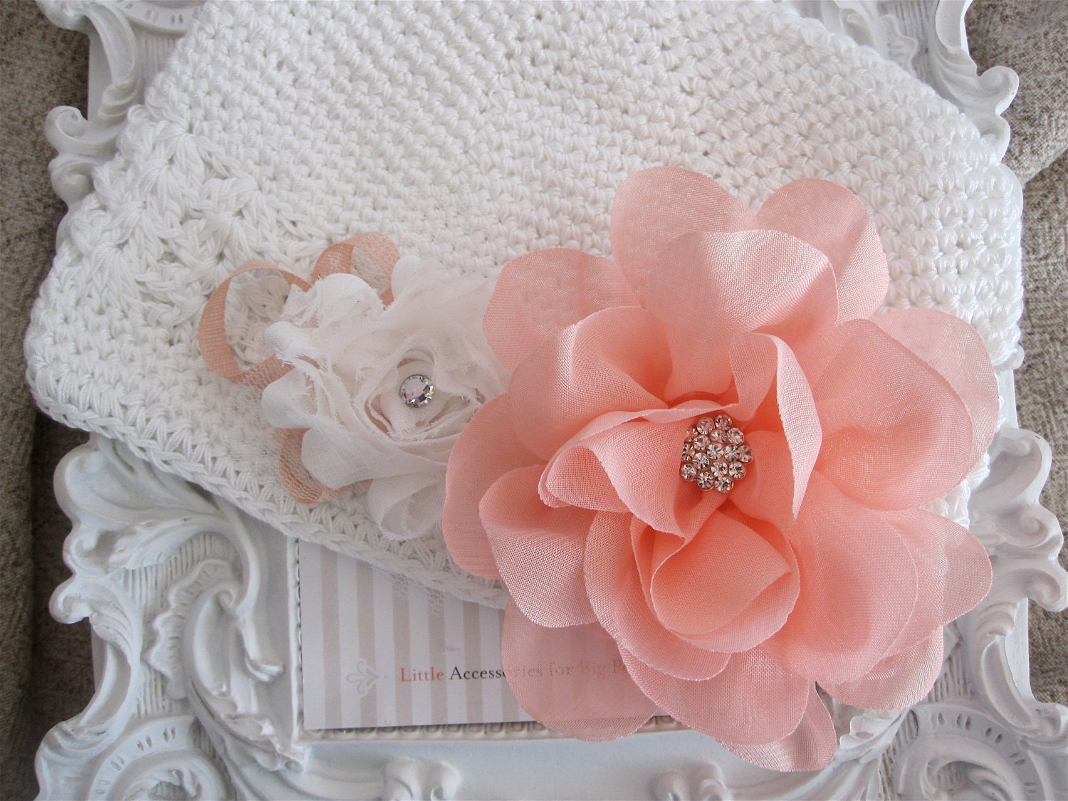 White Crochet BABY Beanie w Large Pink Chiffon Flower, white flower, rhinestone centres & pink ribbon detail. Great Photo Prop. 0285-BABY