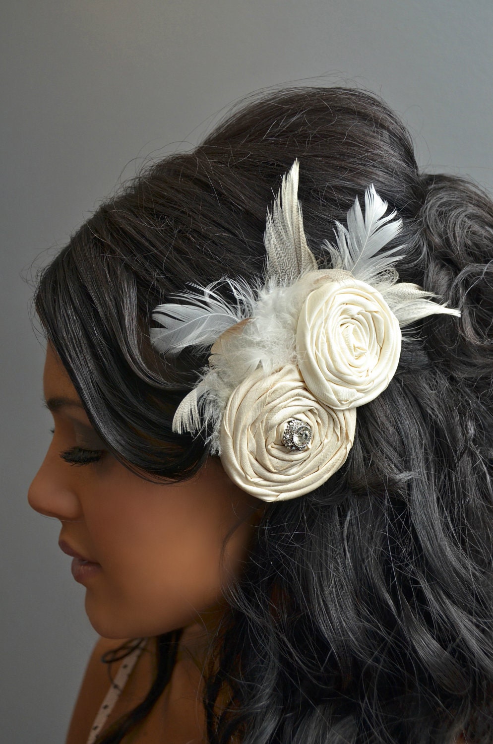 Gorgeous Silk Rosette Wedding Hair Piece with Amazing Large Rhinestone Center and Feathers / Fascinator / Hair Clip / Belt Clip. 0262