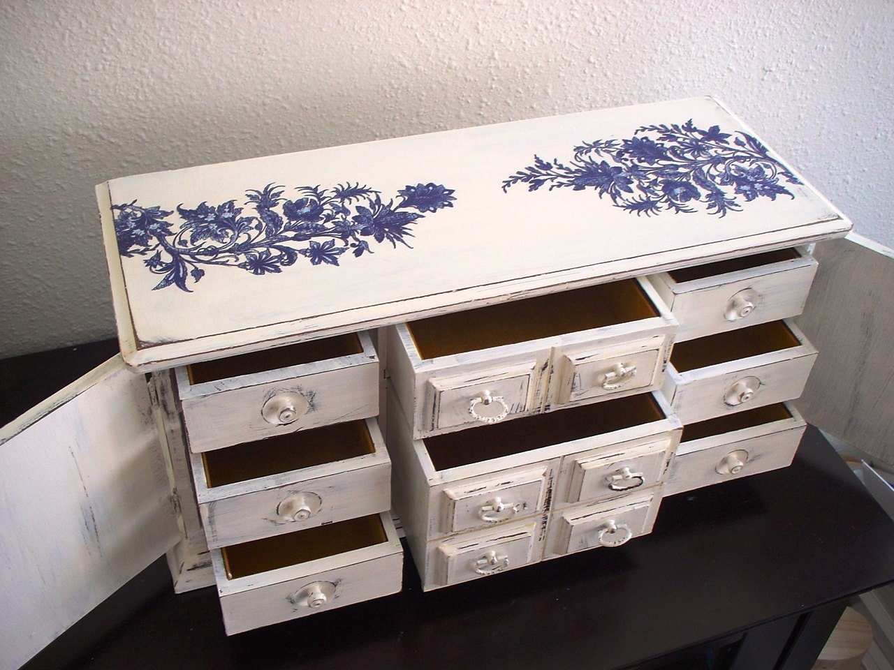 Large Cream/Bue Flora decoupaged Vintage Style Wooden Jewelry Box