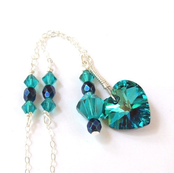 SALE, Peacock Blue Necklace, Teal Crystal Heart Necklace, peacock necklace, sterling silver, keepsake, swarovski, fashion, bermuda blue