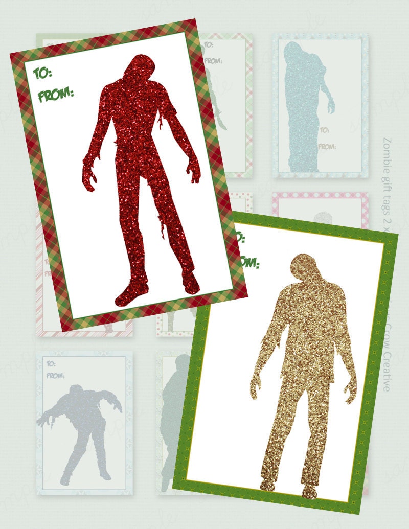 Glitter Zombie Christmas Gift Tags Digital Collage Sheet - DIY Digital Download - Printable Gift Tags
