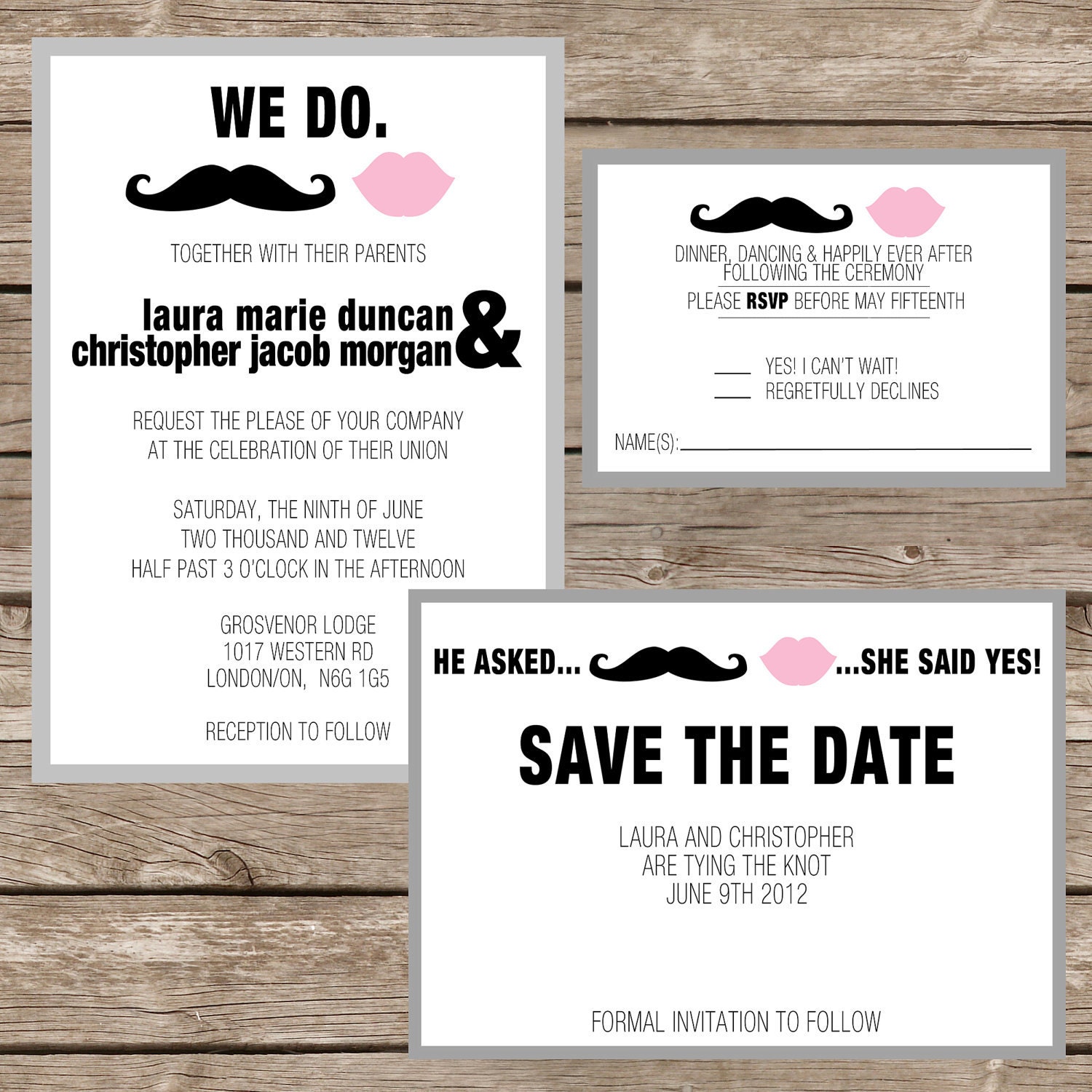 Printable/DIY Wedding Invitation, Response Card and Save the Date Set - Mustache and Lips Theme